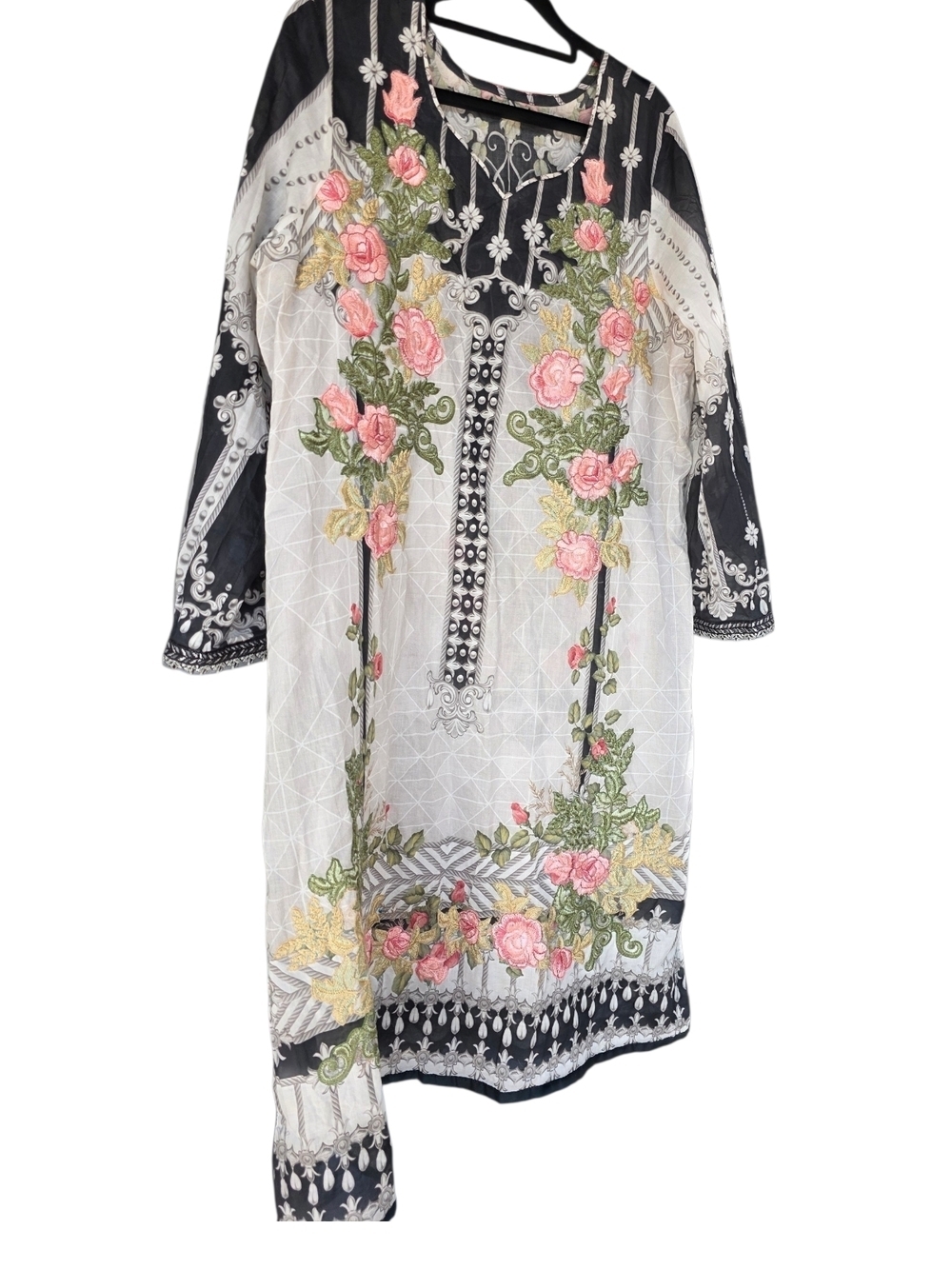 Embroidered Floral Kurta Dress in Black & White with Pink Embroidered Roses
